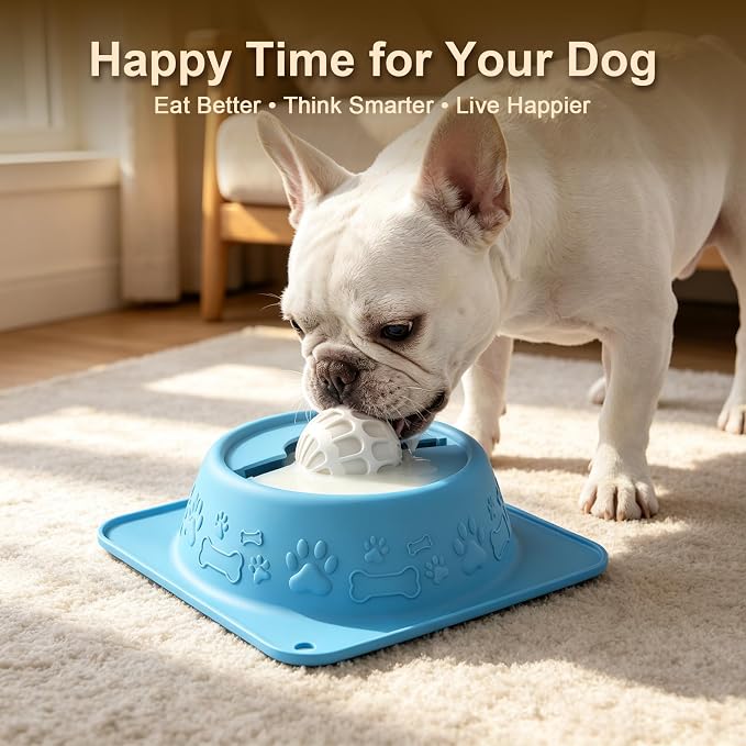 Slow Feeder Dog Bowl for Liquid Treats, Anti-Slip Lick Bowl, Bone Broth and Yogurt Puzzle Feeder, No Spill Pet Bowl Pup Lick Toy for Large Medium Small Dogs and Cats, Anxiety Relief, Blue