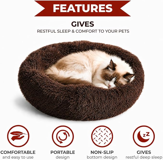 Whiskers & Friends Cat Beds for Indoor Cats, Fluffy Calming Donut Cat Bed, Small Dog Bed Washable - Orthopedic Soft Plush Pet Beds Sized for Kitten to Large Cats & Puppy to Small Dogs, Chocolate Brown