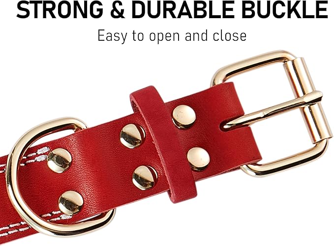 Genuine Leather Dog Collar,Heavy Duty Dog Collar for Small,Medium,Large and Extra Large Dog (XL: 1.4" Wide for 18.6"-25.8" Neck,Dual Stitch - Red)