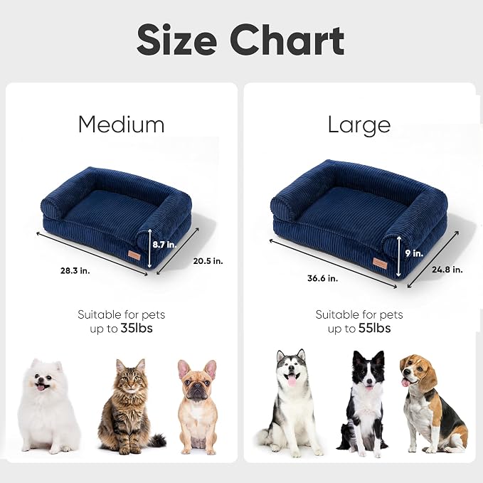 FUKUMARU Dog Couch Bed, Corduroy Cozy Cat Bed for Indoor Cats with Washable Cover, 28in Waterproof Orthopedic Dog Beds Sofa for Small Dogs and Large Cats, Cute Warm Cotton Pet Sofa, Blue