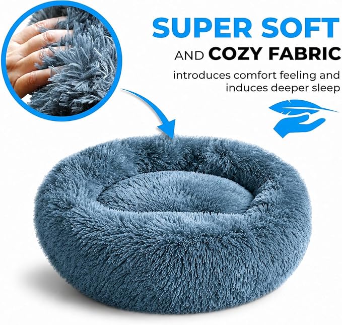 Whiskers & Friends Cat Beds for Indoor Cats, Fluffy Calming Donut Cat Bed, Small Dog Bed Washable - Orthopedic Soft Plush Pet Beds Sized for Kitten to Large Cats & Puppy to Small Dogs - Navy Grey 23''