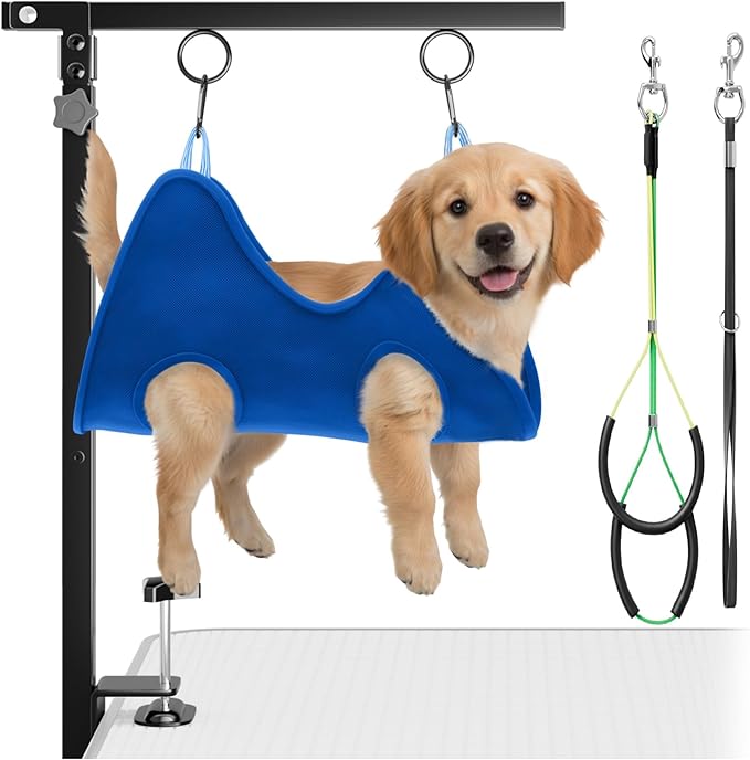 Adjustable Foldable Dog Grooming Arm with Clamp, 26–40 in Height, Safety Hammock & No-Sit Holders, Grooming Restraint for Small & Medium Dogs
