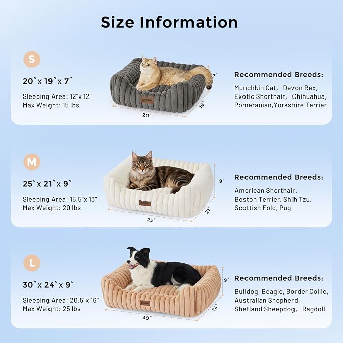 ZOMISIA Small Dog Beds for Small Dogs - Washable Cat Beds for Indoor Cats, Rectangle Orthopedic Puppy Bed with Fluffy Removable Cover, 20x19x7inches, Grey