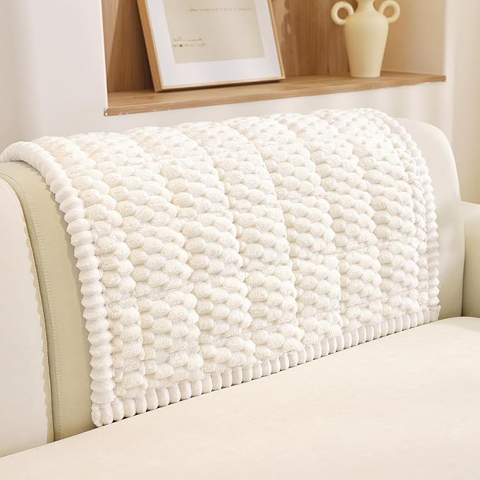 Royhom Headrest Armrest Cover, Couch Back Cover, Thick Soft Couch Arm Covers, Arm Chair Covers for Pets Recliner Loveseat Leather Cushion L Shaped Sofa (White, 35.4 x 35.4 Inch)