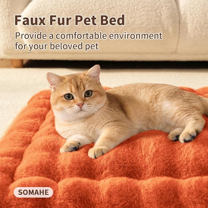 SOMAHE Cat Bed Mat, Soft Plush Faux Fur Kneading Pet Bed, Machine Washable Cat Sleeping Pad for Indoor Cats & Kittens, Non-Slip Fluffy Cat Rug for Couch Sofa Floor, 23x15 Inch Orange