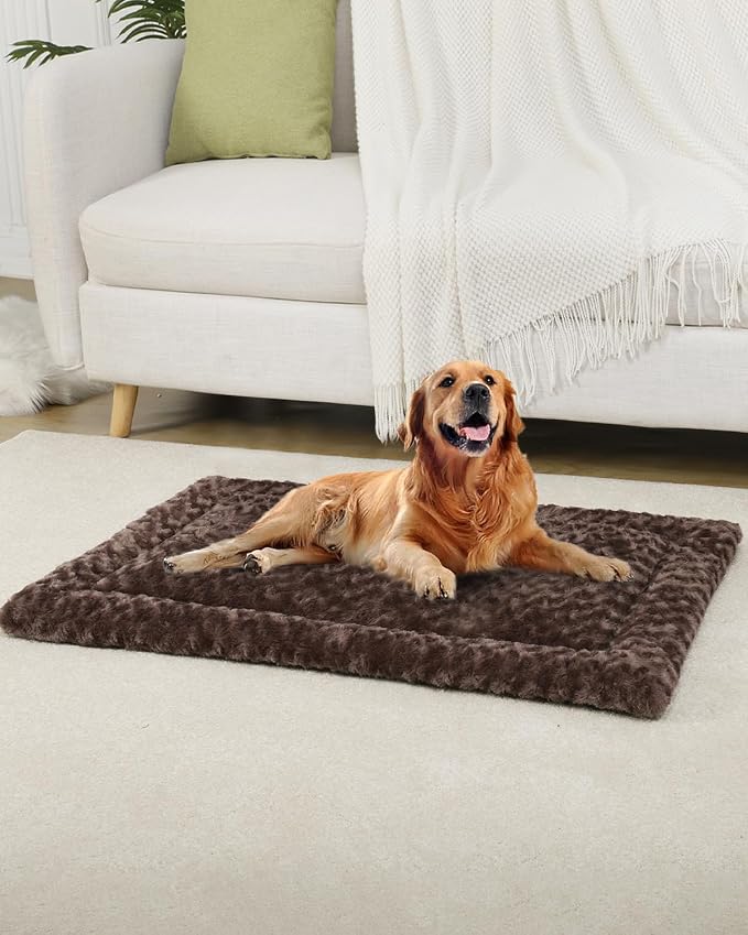 Washable Dog Bed Mat Crate Pad Soft Fluffy Pet Kennel Beds Dog Sleeping Mattress for Large Jumbo Medium Small Dogs, 42 x 28 Inch, Brown