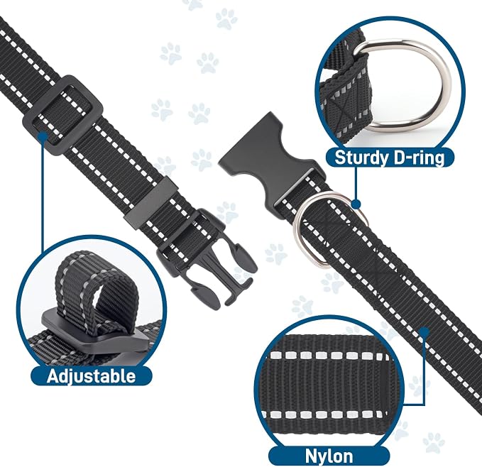Dog Collar for Small Medium Dogs with Buckle, Breathable Adjustable Nylon Reflective Dog Collars, Black/Medium