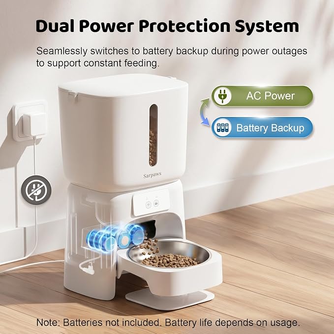 SARPAWS Automatic Cat Feeder, 6L WiFi Smart Pet Food Dispenser with App Control, Elevated 5° Slanted Stainless Steel Bowl, Timed Feeding for Cats and Dogs, Voice Recorder, Dual Power Supply