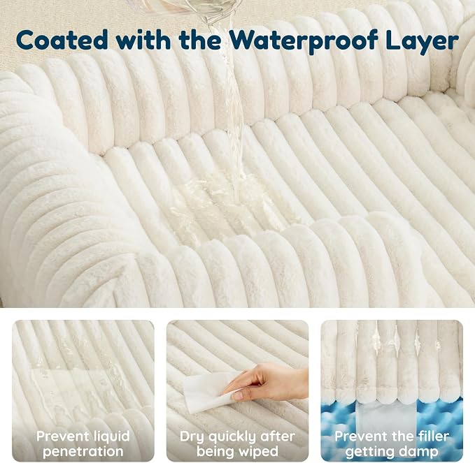 ChiXnuggle Rectangular Orthopedic Dog Bed for Medium Dogs, Waterproof Washable Faux Rabbit Fur Dog Couch with Egg Crate Foam Support, Bolster Pet Sofa with Non-Slip Bottom, 30x24x7, Cream