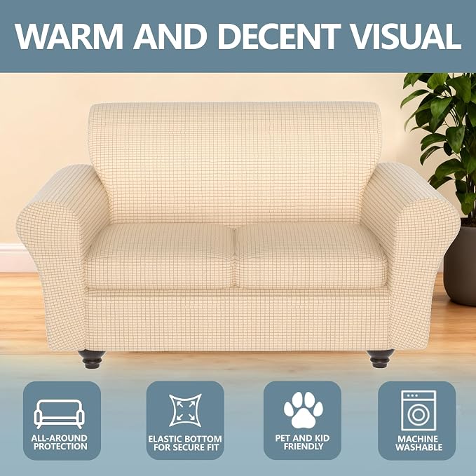 Stretch Couch Covers for 2 Separate Cushion Couch Sofa -Living Room Couch Sofa Cover,Washable Sofa Slipcover,Pet Friendly Furniture Protector with Elastic Bottom,Universal Fit for Home(Beige,Loveseat)