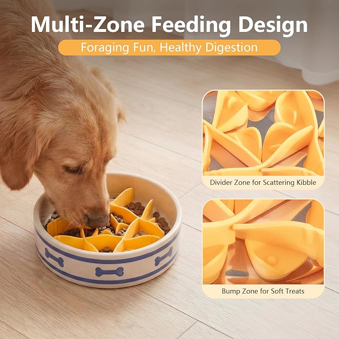 Silicone Dog Slow Feeder Bowl Insert with Suction Cups, Cuttable Food-Grade Lick Mat Divider Fits Stainless Steel Ceramic Glass Dog Bowls, Helps Slow Down Eating, Orange