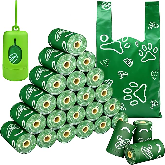 390 Green Scented Dog Poop Bags with Handles, Large 14"x7" Extra Wide, Poop bags for dogs Easy Tie and Guaranteed Leakproof, Extra thick poop bag scented rolls