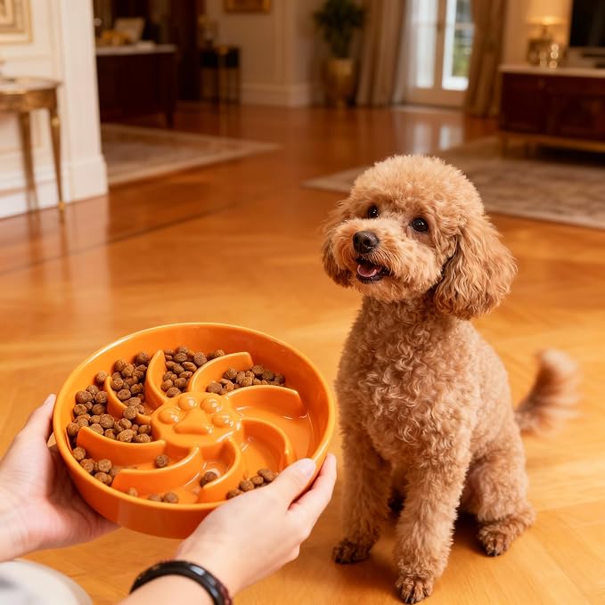 Ceramic Slow Feeder Dog Bowl, 3 Cup Dog Food or 25oz Water, Slow Eating Bowl for Middle Breed, Maze Puzzle Feeder for Fast Eaters, Anti-Choking Stop Bloat, Non-Slip BPA Free (Orange)