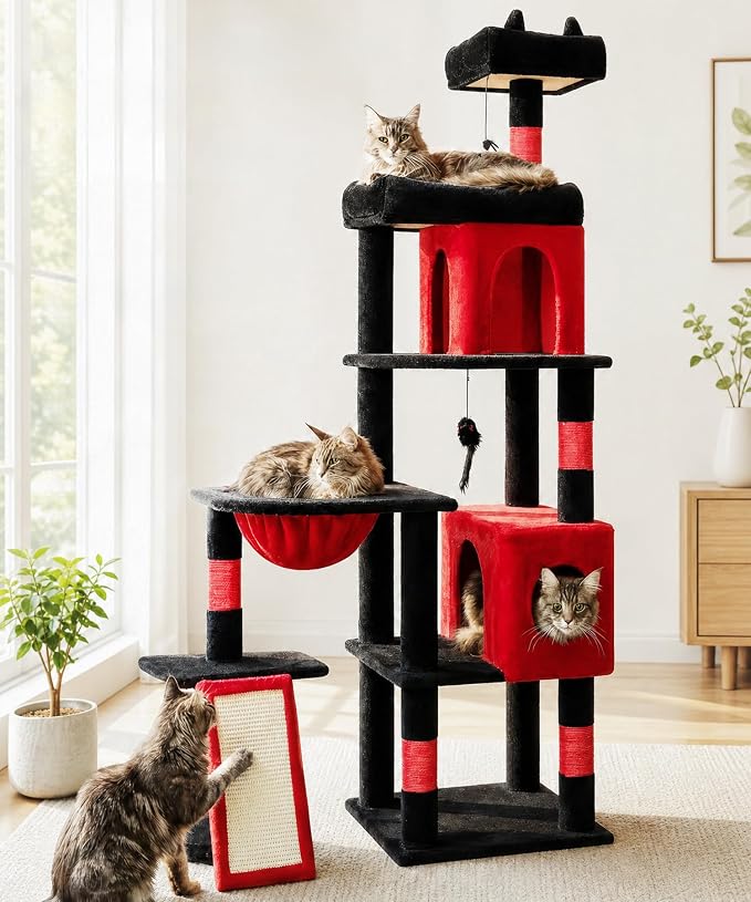 68 Inches Heavy Duty Cat Tree for Indoor Cat, Big Cat Tower with Sisal Scratching Posts and Top Perch, Large Platform for Adult Cats, PMT02RD, Black Red
