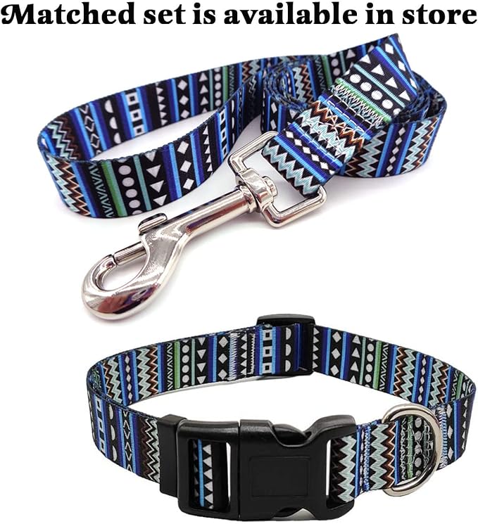 Mihqy Dog Collar with Bohemia Floral Tribal Geometric Patterns - Soft Ethnic Style Collar Adjustable for Small Medium Large Dogs（Bohemian Blue,L）