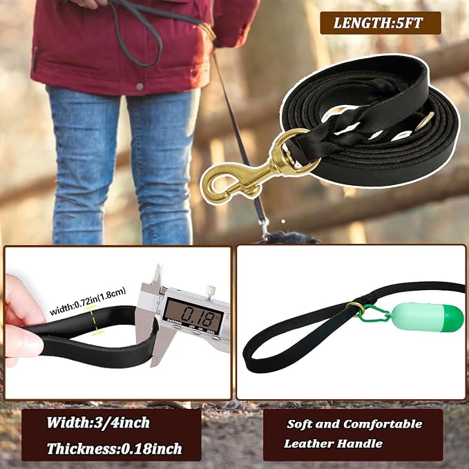 Leather Dog Leash 5ft x 3/4 inch, Heavy Duty Leather Braided Dog Training Leash, Strong and Comfortable Leashes for Large, Medium, Small Dogs Black