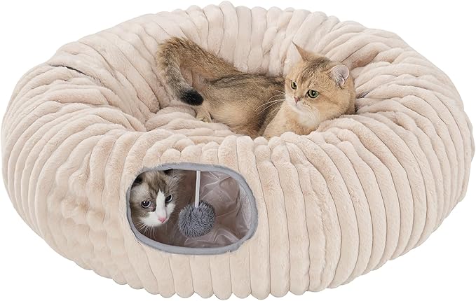 Avont Cat Tunnel Bed for Indoor Cats, Plush Fluffy Kitten Donut Tunnel 3 Shape to Play, Large Kitty Circle Tunnel Under Christmas Tree, Cat Play Toys Gift Ideas -Latte Short-Pile