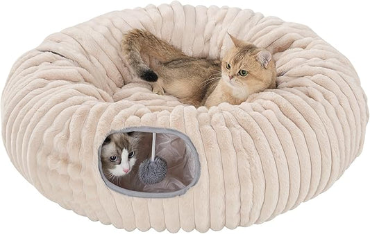 Avont Cat Tunnel Bed for Indoor Cats, Plush Fluffy Kitten Donut Tunnel 3 Shape to Play, Large Kitty Circle Tunnel Under Christmas Tree, Cat Play Toys Gift Ideas -Latte Short-Pile