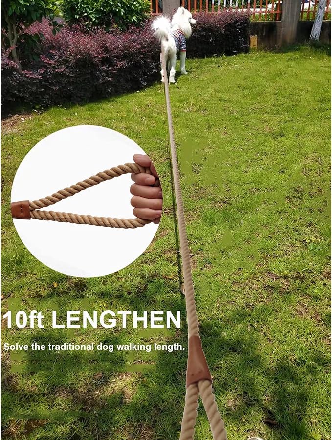 BTINESFUL Heavy Duty Cotton Dog Leash 3FT/ 5FT/ 10FT, Strong Rope Leash Soft Handle Dog Traction for Large Medium Dogs Hiking, Camping, Exploring, Walking(1/2" x 10ft, Brown)
