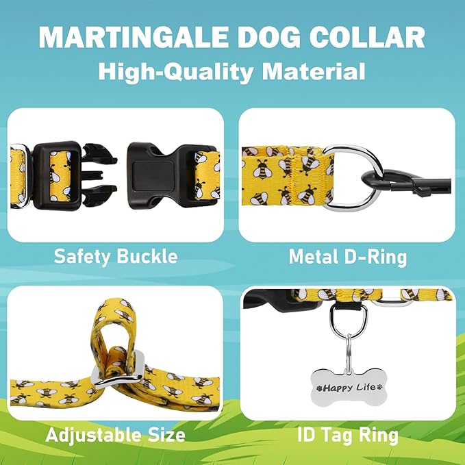 Martingale Dog Collar with Buckle Yellow Bee Dog Collar Adjustable Cute Design Patterns (Bee, Medium)