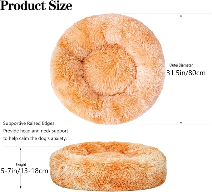 Calming Dog Bed for Medium Dogs Cats, Puppy 31'' Round Anti-Anxiety Warm Fluffy Plush Faux Fur Bed, Soft Anti-Slip Donut Washable, Cozy Medium Puppy Bed, Fits up to 50 lbs Pets