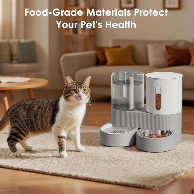 Automatic Gravity Cat Dog Feeder and Water Dispenser with 304 Stainless Steel Bowls 2 in 1 360 Degree Rotatable Auto 2.4L Dry Food and 2.6L Water Bowl for Small Medium Pet Dog Puppy Kitten (Gray)