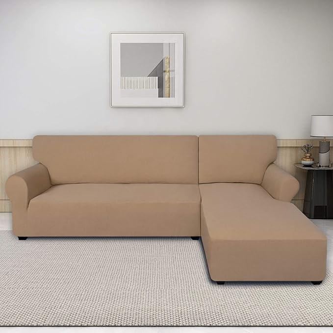PureFit Super Stretch Sectional Couch Covers - 2 pcs Spandex Non Slip Sofa Covers with Elastic Bottom for L Shape Sectional Sofa Couch, Great for Kids & Pets (3 Seat Sofa + 3 Seat Chaise, Camel)