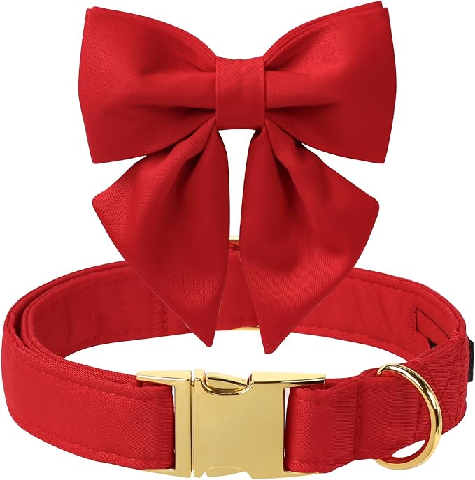 Maca Bates Red Dog Collar with Cute Solid Sailor Bow Tie for Medium Girl Boy Dogs,Girly Adjustbale Durable Breakaway Soft Collars with Bowtie for Female Male Puppy,Pet with Metal Buckle