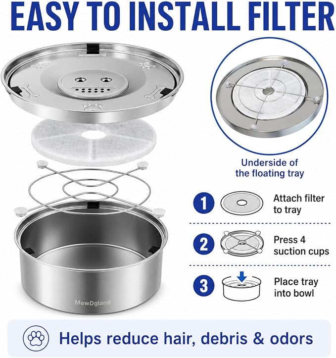 Dog Water Bowl No Spill, 3L/101oz Stainless Steel Slow Feeder Dog Bowl with Floating Disk, Spill Proof Dog Water Bowl Dispenser for Messy Drinkers, Anti Splash Large Dog Bowl with Filter