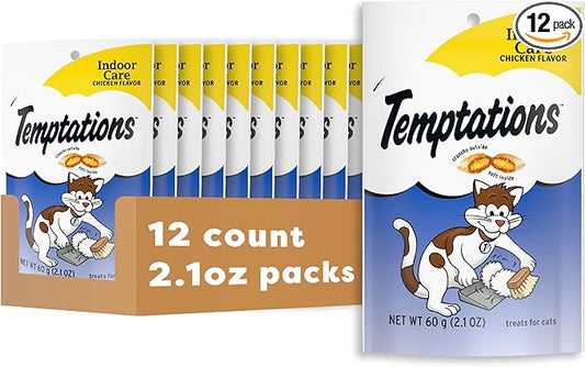 Temptations Cat Treats Indoor Care, Classic Crunchy and Soft Cat Treats, Tasty Chicken Flavor, 2.1 oz. Pouch (Pack of 12)