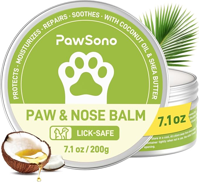 PawSono Lick-Safe Dog Paw & Nose Balm with Coconut Oil | All-Natural Moisturizer & Soother for Dry, Cracked Pads & Snout | Summer Hot Pavement & Sand Paw Wax, Nose Butter for Bulldogs (7.1 oz / 200g)