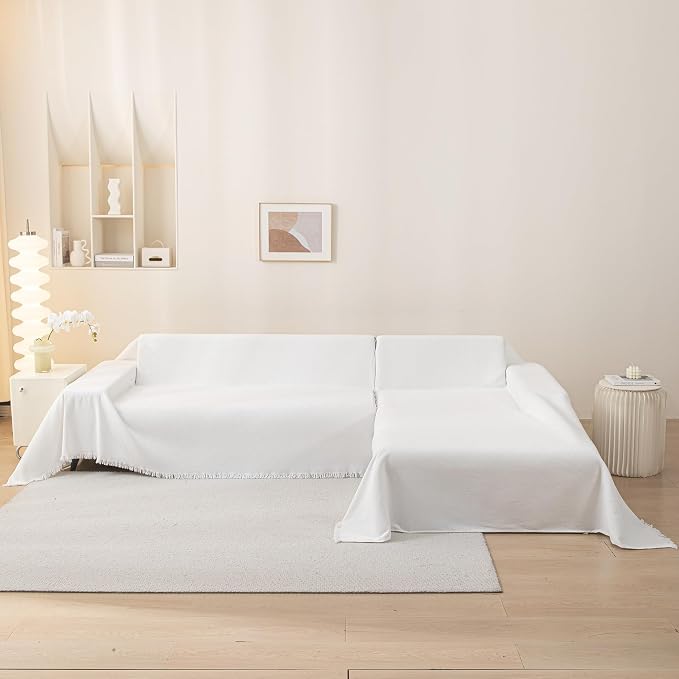 MEETSKY Couch Covers for 3 Cushion Couch Sofa Covers Washable Decorative Sectional Couch Covers Sofa Slipcovers, Soft Chenille Blend Throw Cover for Living Room, 91" x 134", White