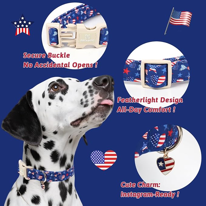 Maca Bates 4th of July Dog Collar with Patriotic Heart Charm for Small Girl Boy Dogs, American Flag Pattern,Pretty Adjustable Durable Collars Blue Independence Day Gift for Male Female Puppy