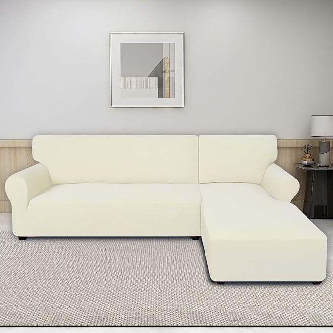 PureFit Super Stretch Sectional Couch Covers, polyester & spandex, Non Slip - 2 pcs Covers with Elastic Bottom for L Shape Sofa, Great for Kids & Pets (3 Seat Sofa + 3 Seat Chaise, Ivory)