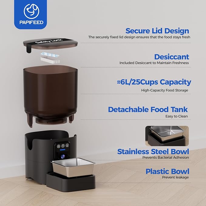 PAPIFEED Automatic Cat Feeder with Camera, 1080P HD & Night Vision, 6L Cat Food Dispenser with App, 5G WiFi Timed Cat Feeder for Dry Food, 2-Way Audio, Smart Pet Feeder for Dog, 1-10 Meals/Day, Black