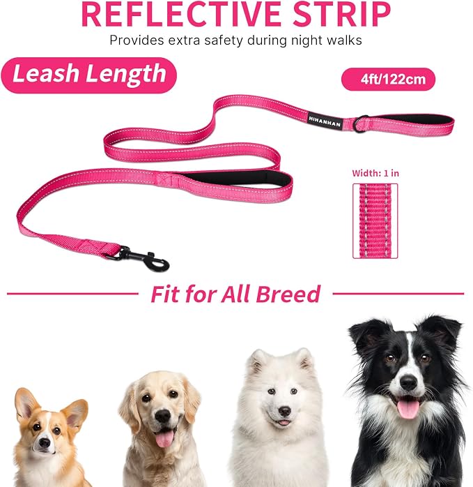 Reflective Dog Leash with Double Handle, Dog Leash 4 FT Long, Supports Medium and Large Dogs, Heavy Duty for Walking, Running, and Training, Rose Red