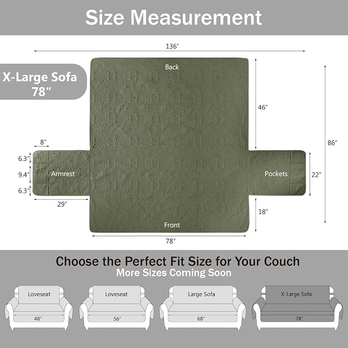 Olive Green Quilted Couch Cover with Pockets for Extra-Large Sofa, Anti-Slip Sofa Covers for Dogs Washable, Pet Friendly Oversized Sofa Cover Water-Repellent (X-Large Sofa 78", Olive Green)