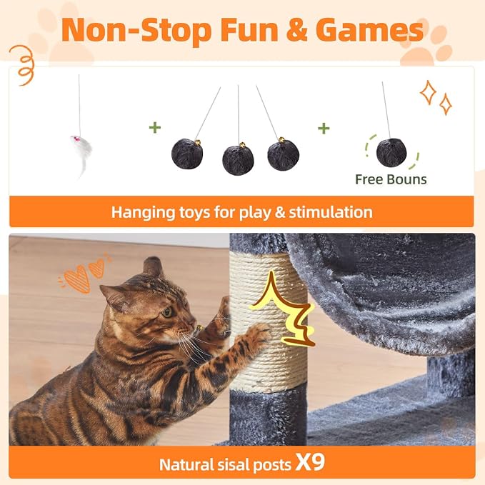 Taoqimiao Large Cat Tree，73-Inch Cat Tree Tower with 9 Scratching Posts for Indoor Cats, 2 Large Cat Condo with Hammock, Hanging Basket, 2 Extended Platform, Smoky Gray MS013XLG