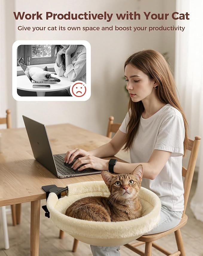Petcozife Cat Desk Bed, 16"x16" Sturdy Rotating Cat Bed for Desk with Removable Washable Soft Fabric Hammock Cover, Stable Holds Up to 50 lbs, Space Saving Cat Perch for Home Office, Game Table