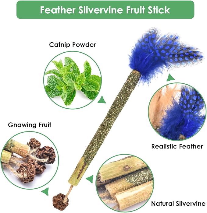 Bissap 12 PCS Silvervine Chew Sticks for Cats, Catnip Chew Sticks Cat Toys for Indoor Cat Kitten Teeth Grinding Interactive Feather Toys for Aggressive Chewers Dental Care
