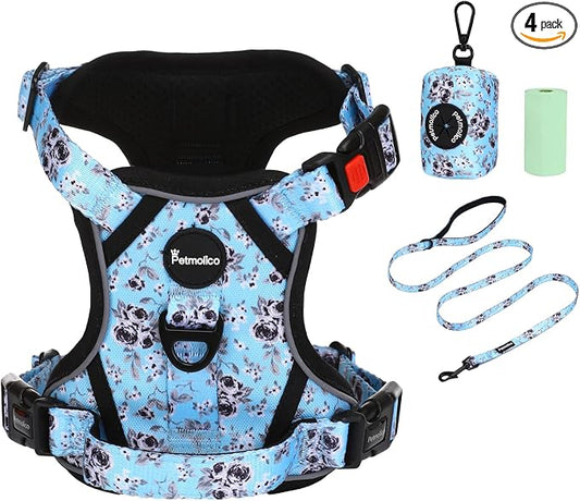 Petmolico No Pull Dog Harness Set with Leash Attachment Easy Control Handle Reflective Harness Vest Small Breed, Puppy Vest and Leash Set with Poop Bag Holder, Small - White Rose
