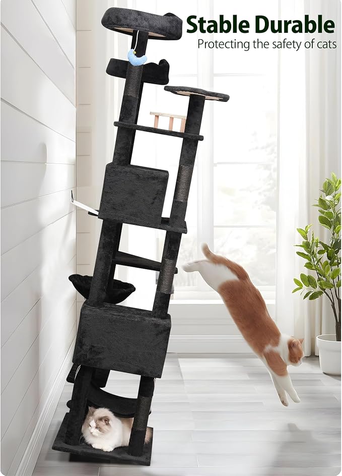Meecal 79inch Giant Cat Tree for Heavy Duty Big Cats, Multi-Level Luxury Cat Tower with Scratching Post, Cat Condo with Hammocks & Plush Perches for Indoor Cats Large Adult, Black