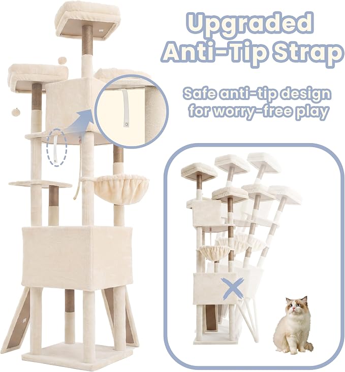 Cat Tree, 81.1-Inch Tall Heavy Duty Cat Tower with Diamond-Shaped Condo for Large Cats, Cat Furniture with 3 Wide Platforms, 2 Sisal Scratchers, Hammock & Stable Base, Beige VCT032MJ