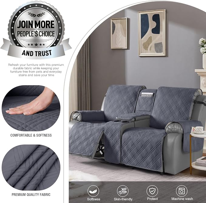 TAOCOCO Loveseat Recliner Cover with Console, Non-Slip Split Reclining Pet Cover for Dual Loveseat Recliner, Furniture Protector with Elastic Straps (2 Seater, Dark Grey)