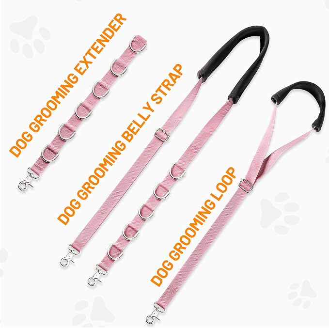Dog Grooming Belly Strap - Dog Grooming Table Arm Extender with Clamp Extension Loop Bathing Restraint Leash No Sit Haunch Holder for Small & Medium Dogs Hair Cutting Washing (Pink)