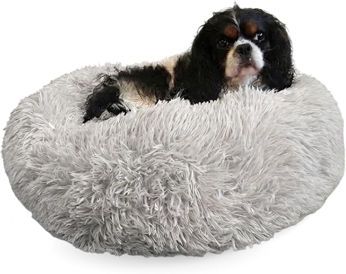 Active Pets Premium Small Donut Dog Bed, Fits Up to 45 lbs, Machine Washable Cushion, Plush Long Pile Faux Fur Fabric, Portable Light Grey Pet Bed Furniture for Puppies Adult Canines & Cats