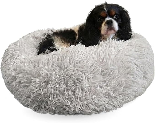 Active Pets Premium Small Donut Dog Bed, Fits Up to 45 lbs, Machine Washable Cushion, Plush Long Pile Faux Fur Fabric, Portable Light Grey Pet Bed Furniture for Puppies Adult Canines & Cats