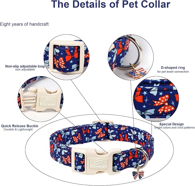 4th of July Dog Collar Navy Patriotic Bow Dog Collars for Puppy Small Dogs - Lightweight Adjustable Independence Day Girl Puppy Collars Cute USA Flag Bow Female Dogs Collar XS