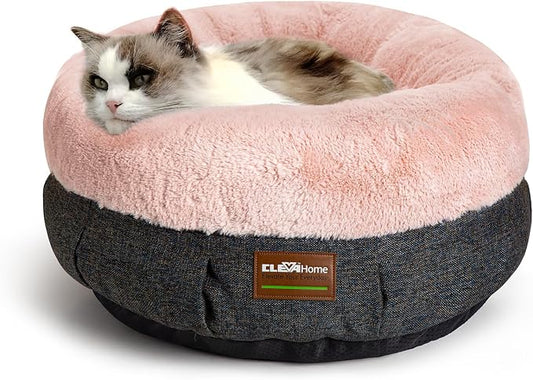 ClevaHome Calming Soft Plush Donut Cat Bed, Fluffy Round Cat Bed for Indoor Cats, Washable Kitten Bed with Plush Faux Fur, Anti-Slip Bottom, Blush Pink