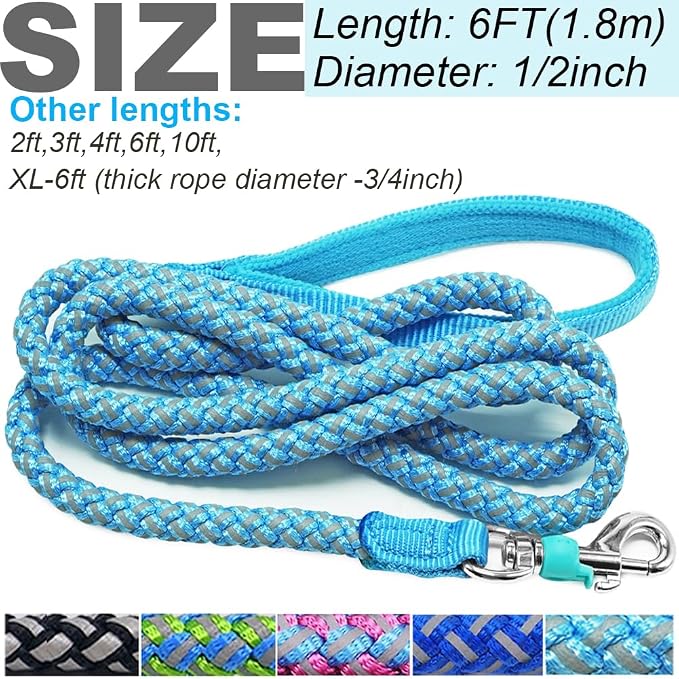 2/3/4/6/10 ft Reflective Dog Leash Strong Nylon Rope Braided Heavy Duty for Large and Medium Small Dogs Walking Training Leads (Sky Blue, 6ft * 1/2")
